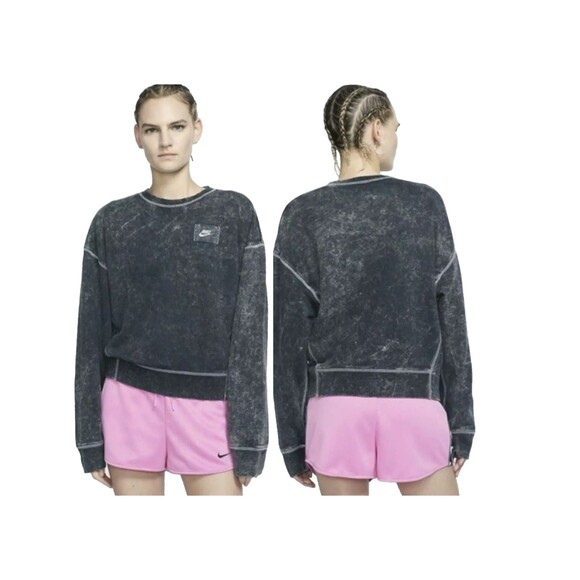 Nike Sweatshirt Women S Black Acid Wash Rebel Crew Relaxed Boxy Logo Patch Sport - Picture 11 of 13